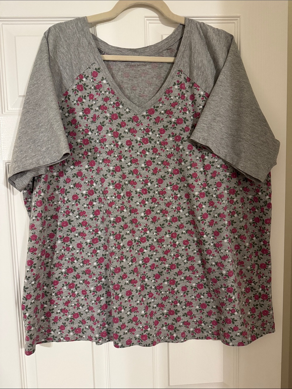 Woman Within Gray V-Neck Tee with Pink Floral Print